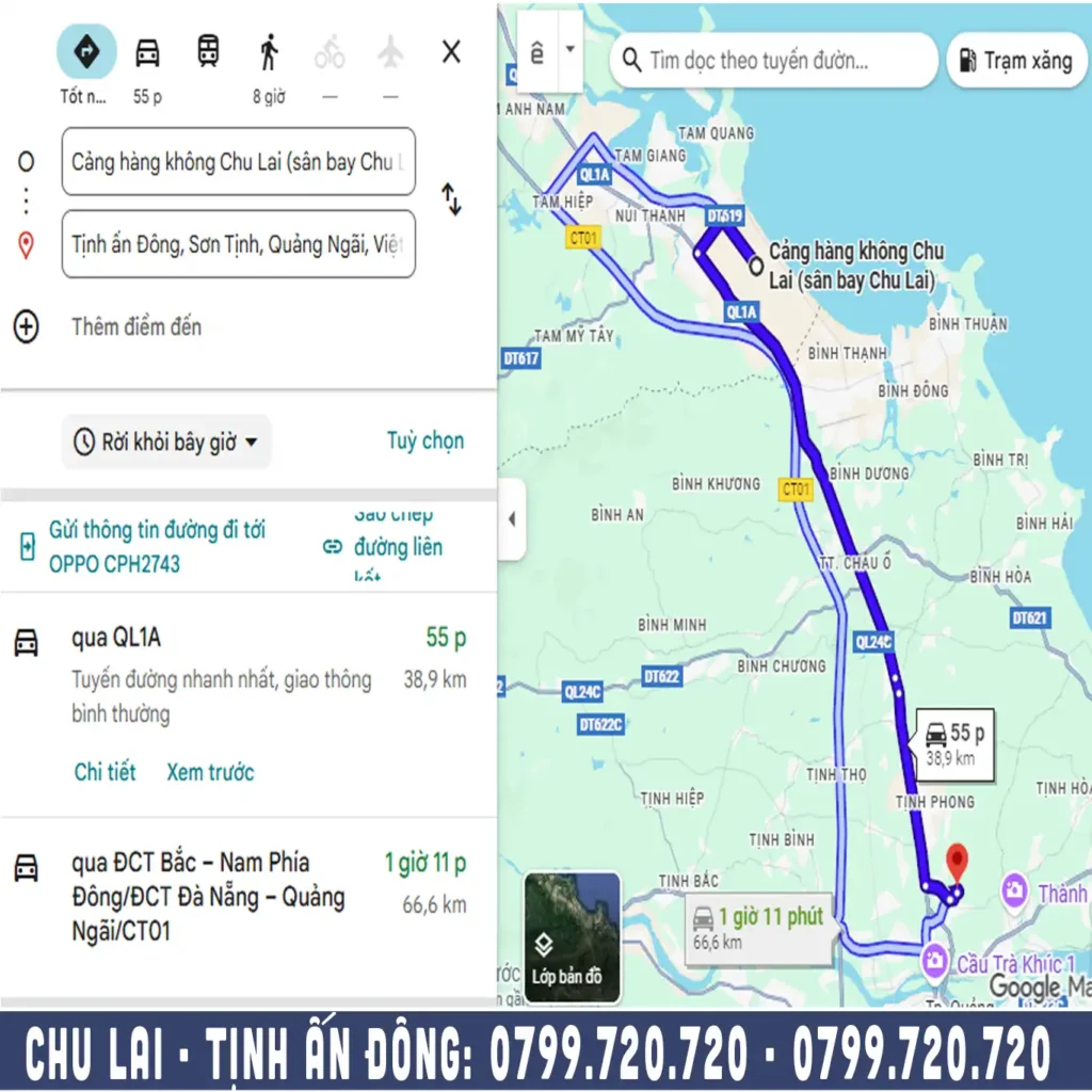 quảng đường từ chu lai đi tịnh ấn đông dài bao nhiêu km