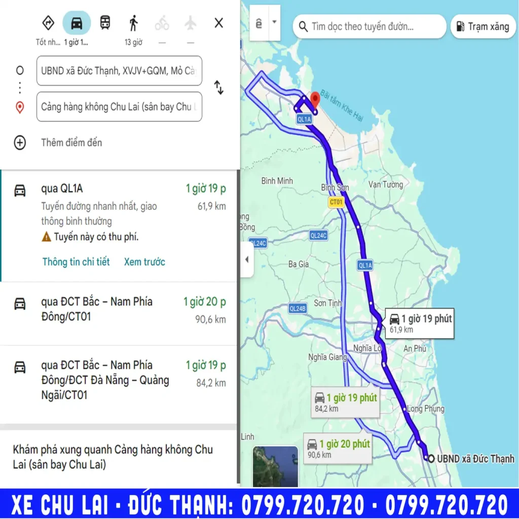 quảng đường từ sân bay Chu Lai đi Đức Thạnh Mộ Đức